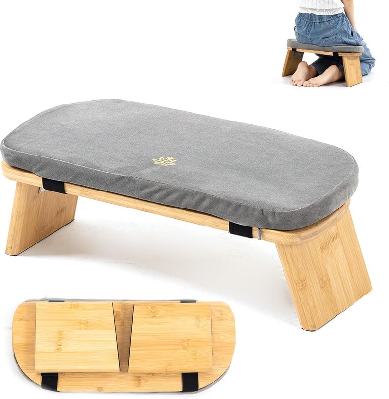 Estleys Meditation Bench, Bamboo Meditation Stool, Folding Kneeling Meditation Bench, Seiza Prayer Bench, Prayer Bench with Meditation Cushion, Kneeling Stool (Grey & Big) - Image 1